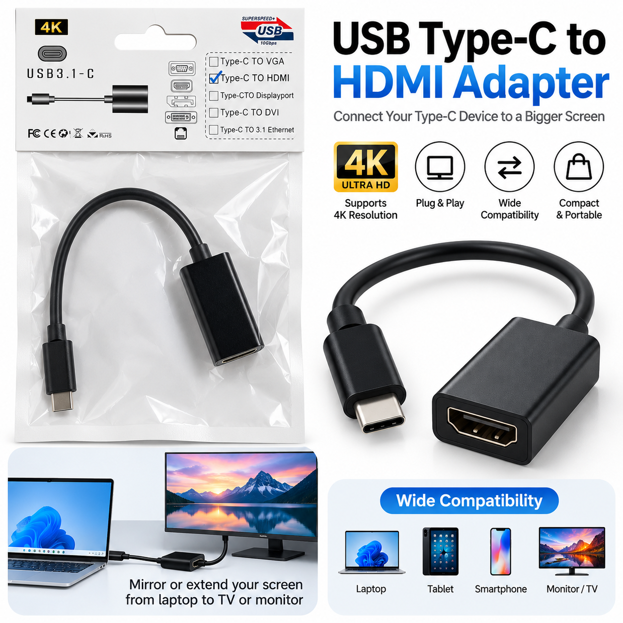 USB Type-C to HDMI 4K Adapter – USB-C to HDMI Display Converter