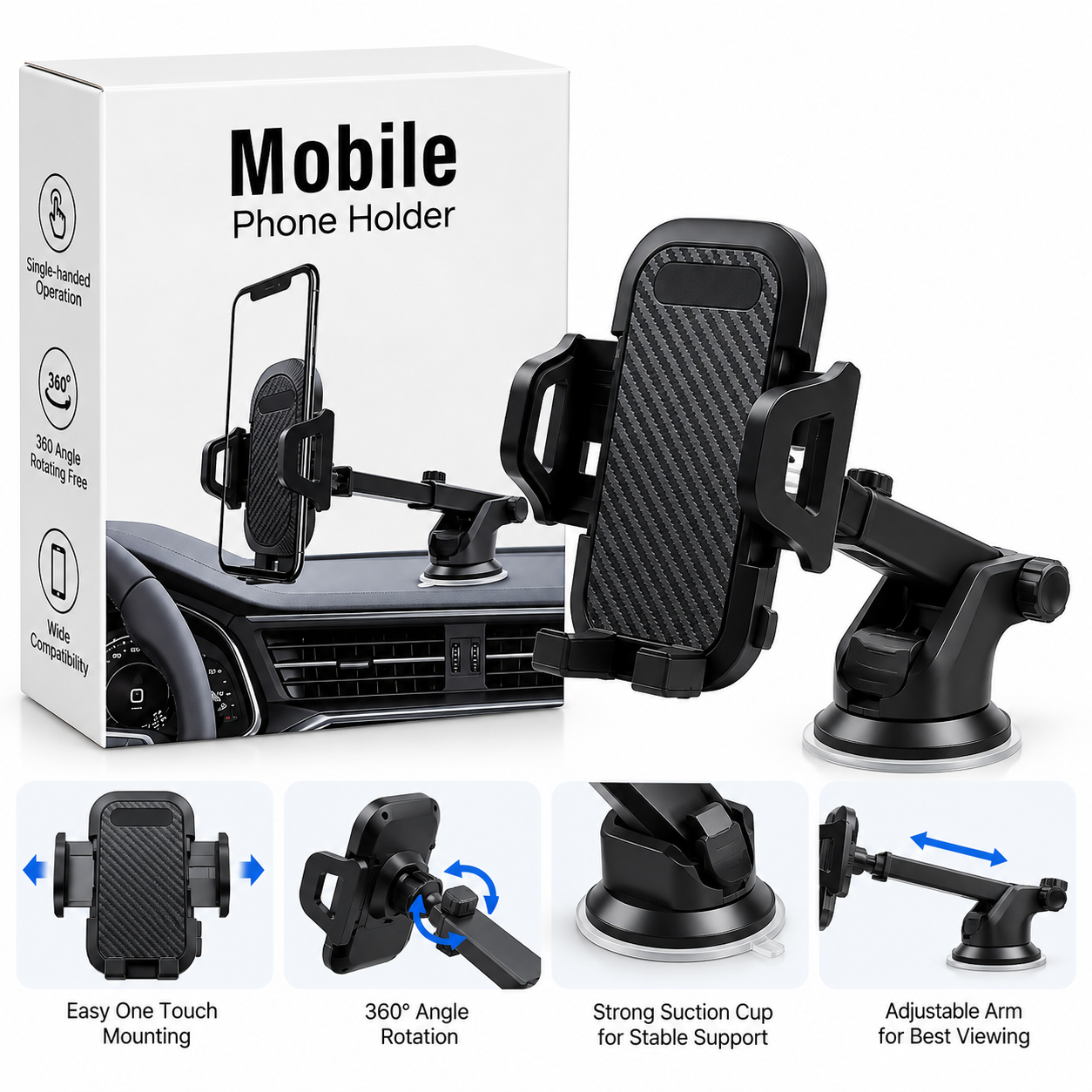 360° Adjustable Car Phone Holder – Dashboard & Windshield Suction Mount