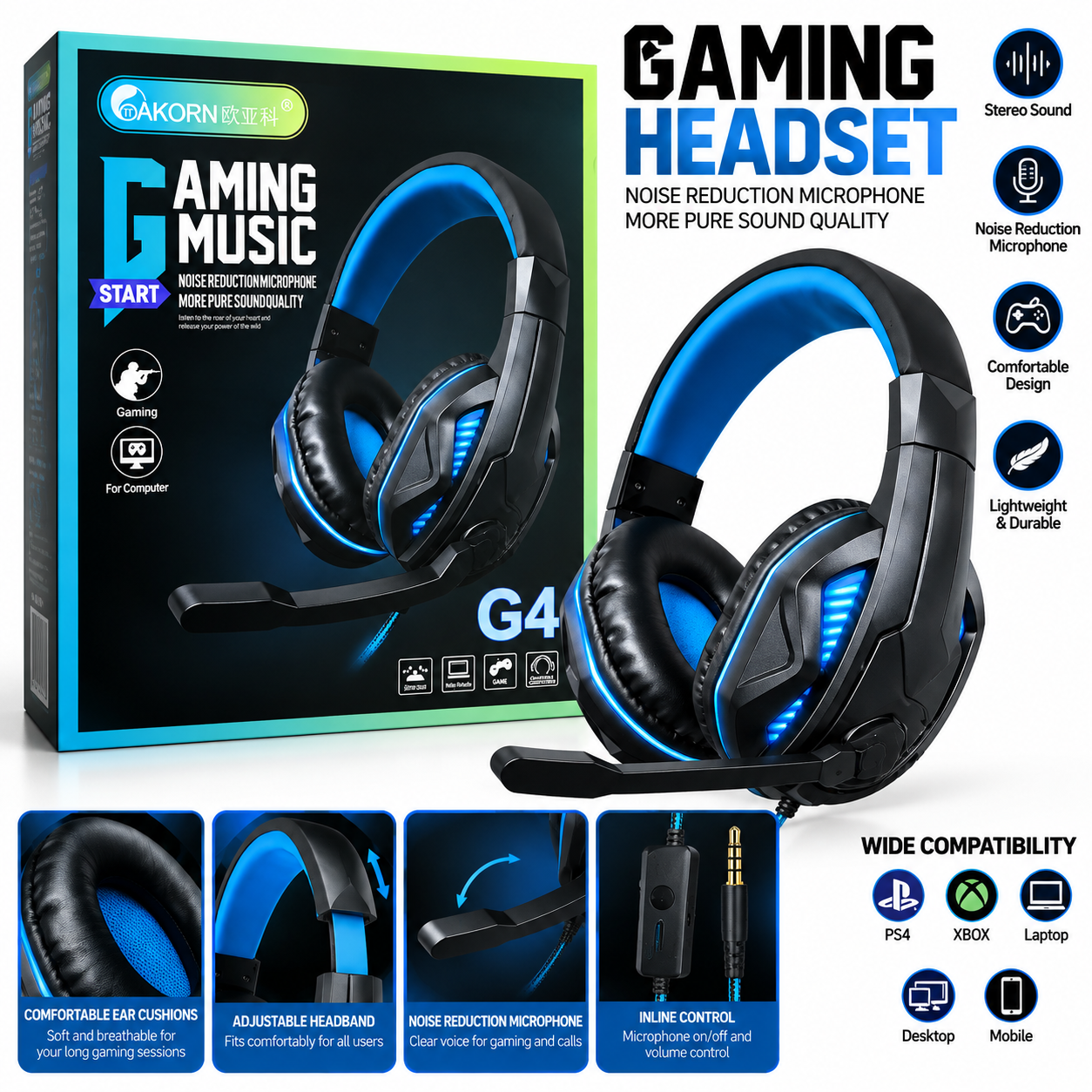 AKORN G4 Wired Gaming Headset with Microphone & LED Lighting – Black/Blues