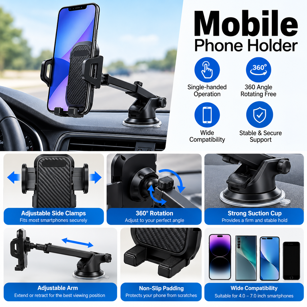 360° Adjustable Car Phone Holder – Dashboard & Windshield Suction Mount