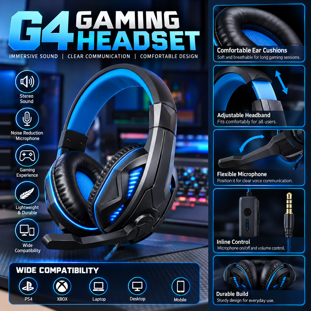 AKORN G4 Wired Gaming Headset with Microphone & LED Lighting – Black/Blues